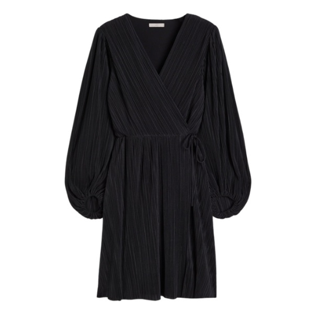 H&M Black Wrap Dress with Bishop Sleeves and V-Neck size Medium